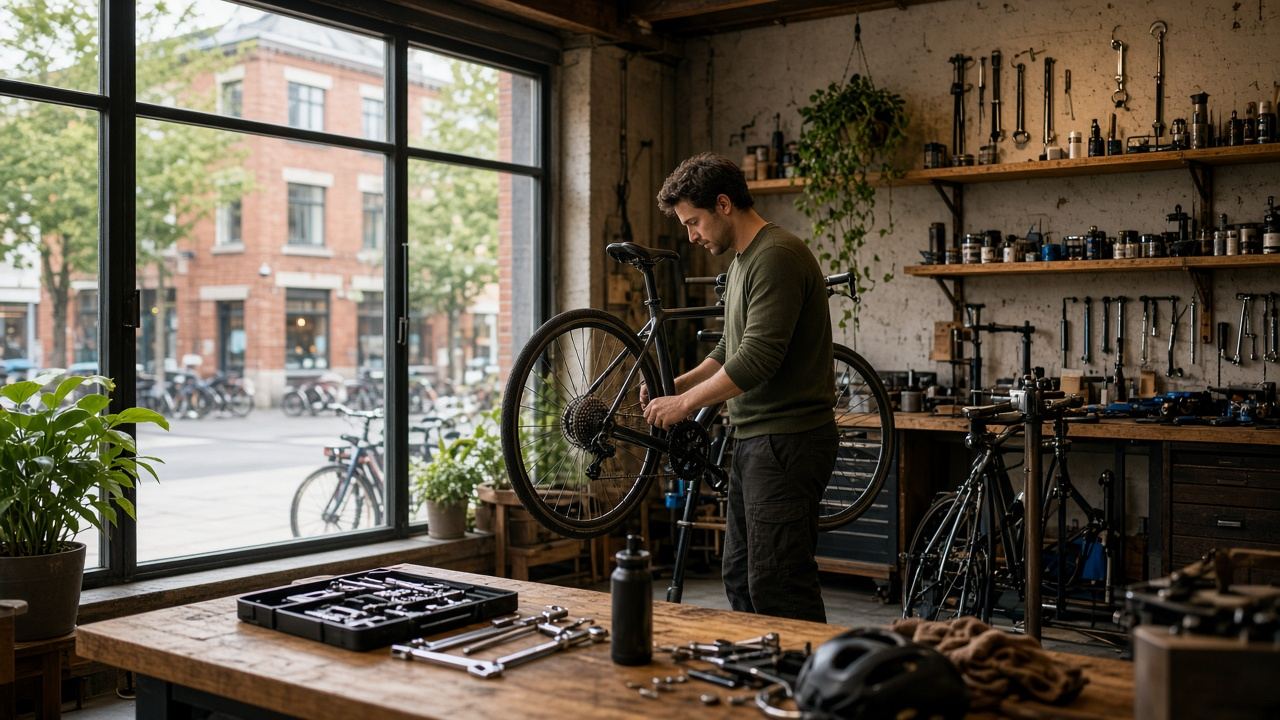 Bike repair shop workspace at Cycles Opalvilla